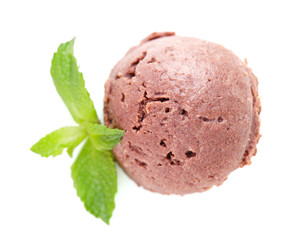 Chocolate ice cream with mint leaf, isolated on white