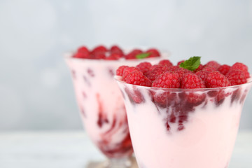 Tasty raspberry dessert with berries