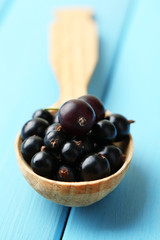 Ripe blackcurrants in wooden spoon on color wooden background.