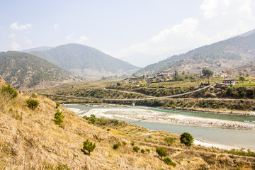 Fototapeta na wymiar Bhutans longest suspension bridge