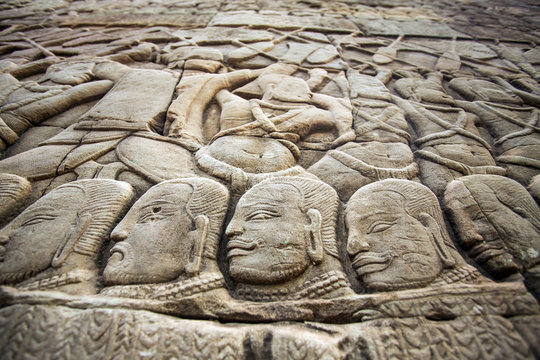 Wall bas-relief in Angkor Wat complex, Siem Reap, Cambodia