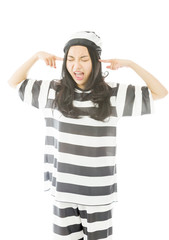 Young Asian woman shouting in frustration in prisoners uniform