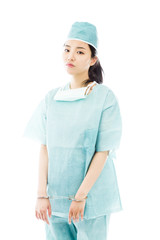 Asian female surgeon in blue uniform with handcuffed hands