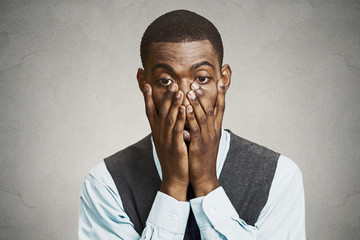 Portrait defeated, stressed, sad young guy businessman
