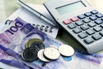 Money, calculator, notebook and pen