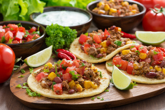 Mexican cuisine - tortillas with chili con carne, tomato salsa