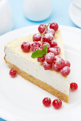 piece of cheesecake with red currant, close-up