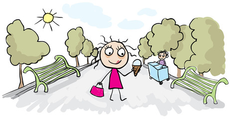 Girl eating ice cream in park. Vector cartoon