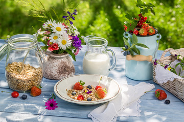 Healthy breakfast with fruit and milk