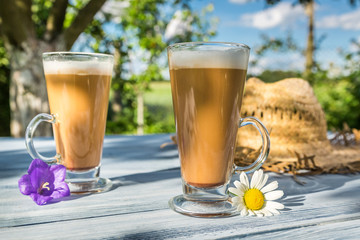 Coffee latte in a sunny garden
