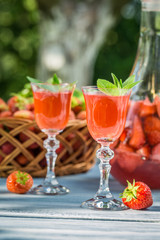 Homemade strawberry liqueur with mint
