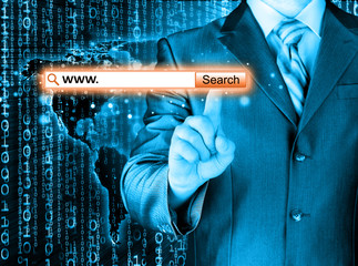 Businessman pushing virtual search bar