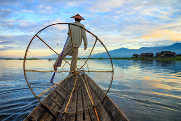 Fishermen in Inle Lake at sunrise, Shan State, Myanmar