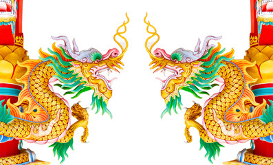 Double golden dragon statue isolated on white background