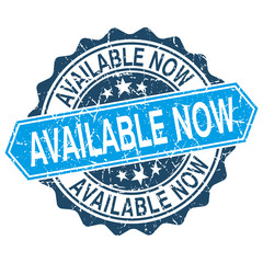 Available now grungy stamp isolated on white background