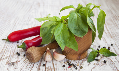 mortar with basil