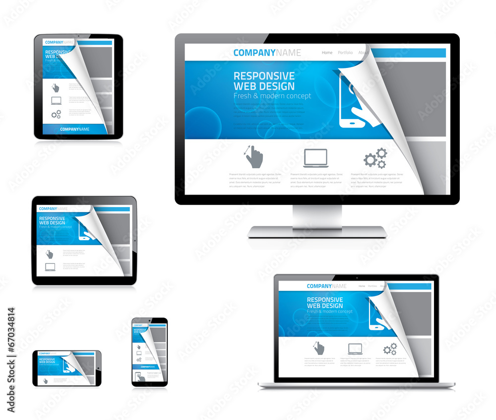 Fototapete responsive web design vector concept with curved paper corner