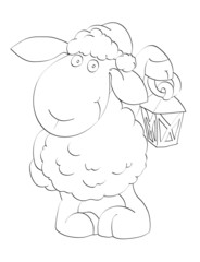 Symbol of year 2015. Lovely lamb in Santa's cap with lantern
