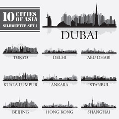 Naklejka premium Set of skyline cities silhouettes. 10 cities of Asia 1