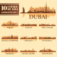 Set of skyline cities silhouettes. 10 cities of Asia 1