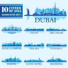 Obraz premium Set of skyline cities silhouettes. 10 cities of Asia 1