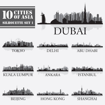 Set of skyline cities silhouettes. 10 cities of Asia 1