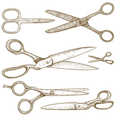 engraving illustration of scissors - obrazy, fototapety, plakaty