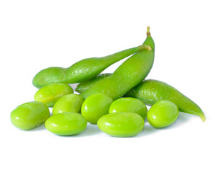 Green soybeans on white background