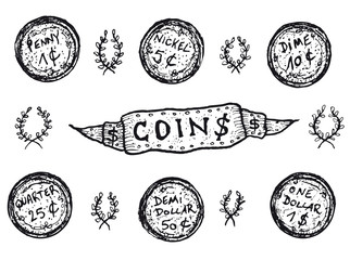 Doodle Set Of US Coins