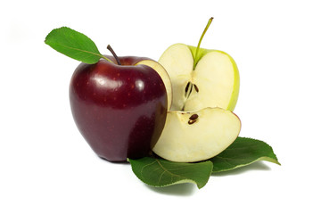 Fresh red and yellow apple with slices on green leaves isolated