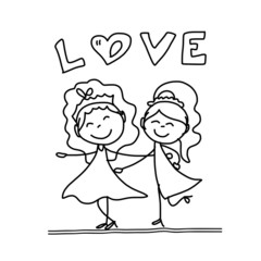hand drawing cartoon happy couple wedding