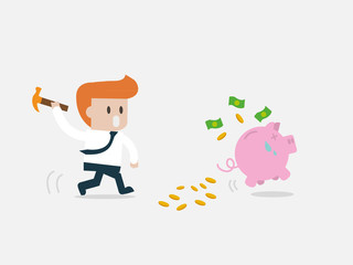 Business man breaking piggy bank with coins.