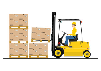 Forklift operations concept. Forklift truck stacks pallets with cardboard boxes. Side view. Flat vector.