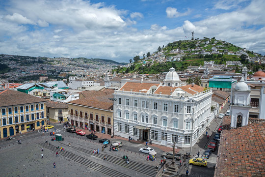 High view of a plaza and buildings, Quito Ecuador.