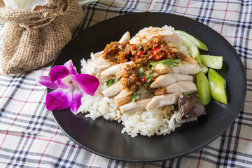 boned, sliced Hainan-style chicken with marinated rice