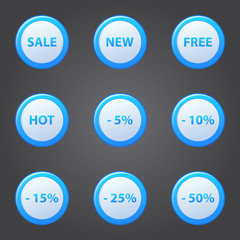 Shopping blue icons set - collection of sale discount labels