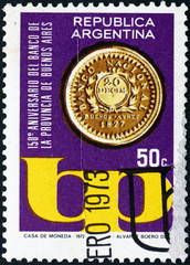 Postage stamp Argentina 1973 First Coin of Bank of Buenos Aires