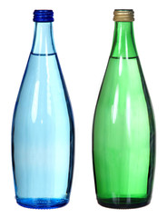 blue and green bottles isolated on white