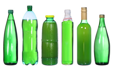 set of green bottles isolated on white