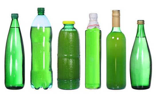 set of green bottles isolated on white