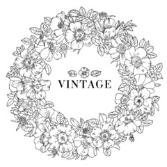 Vector vintage flower wreath with roses and leaves