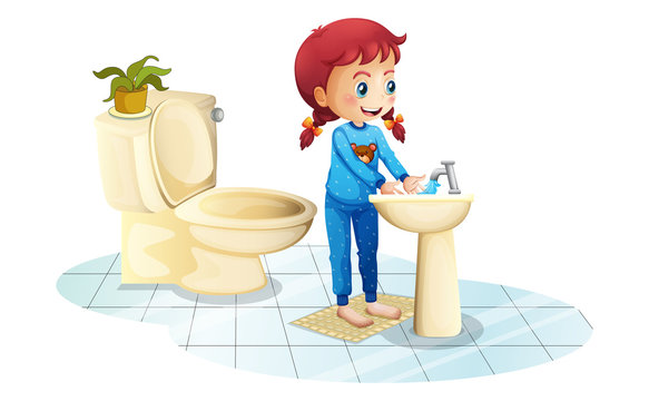 A girl wearing a blue sleepwear washing her hands