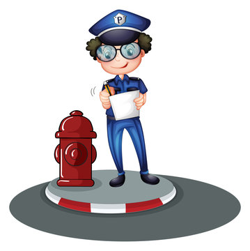 A police officer beside the hydrant