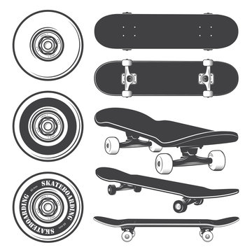 Set of skateboards and skateboarding wheels.