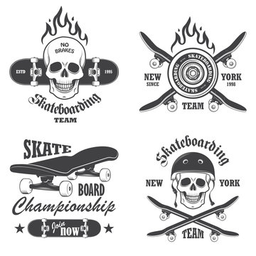 Set of skateboarding emblems, labels and designed elements. Set