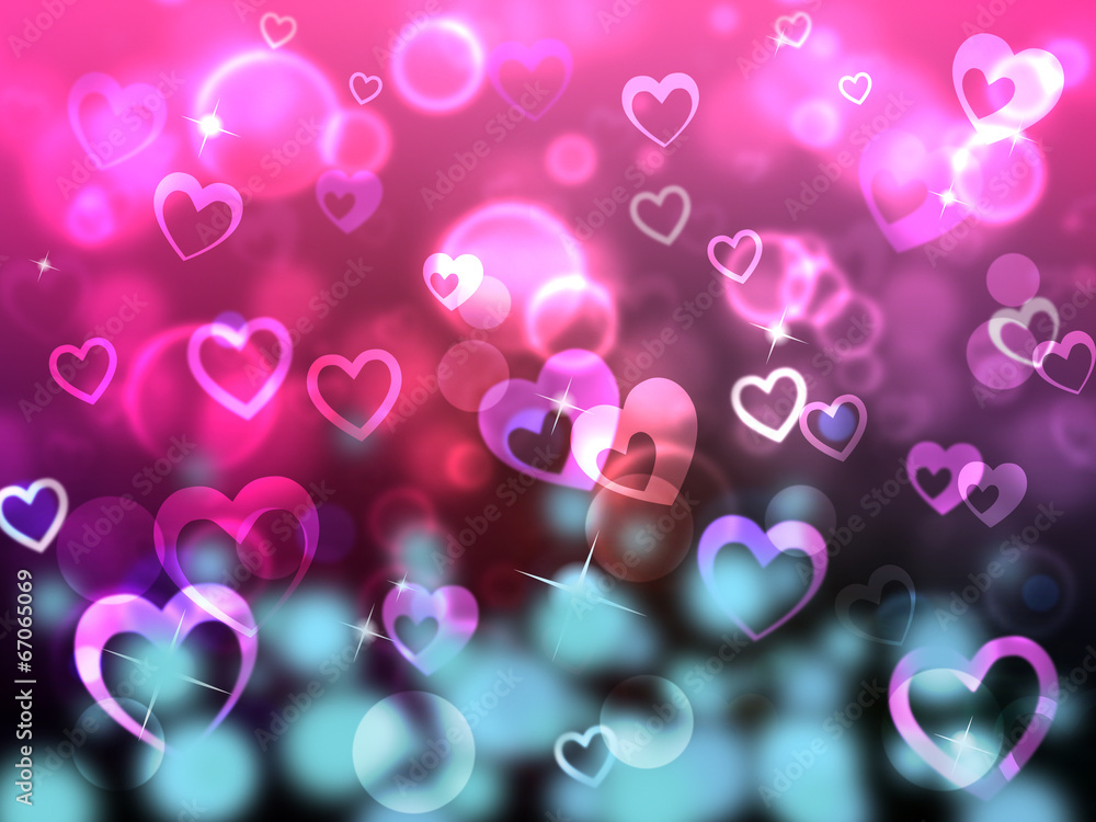 Poster glow bokeh shows heart shapes and backdrop