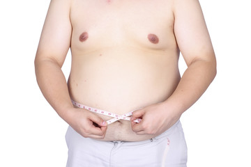 Naklejka premium Large man belly with measuring tape isolated in white