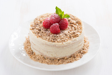 delicious cake with custard and raspberry