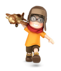 3d render of a happy kid playing with toy airplane © Gouraud Studio
