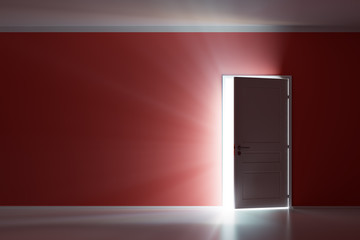 Rays of light through the open white door on red wall
